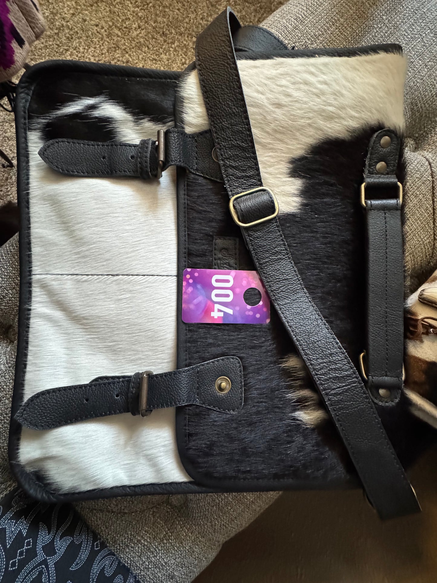 Genuine Cowhide Crossbody Messenger Bag โ Black & White (#004) ๐ค๐ค