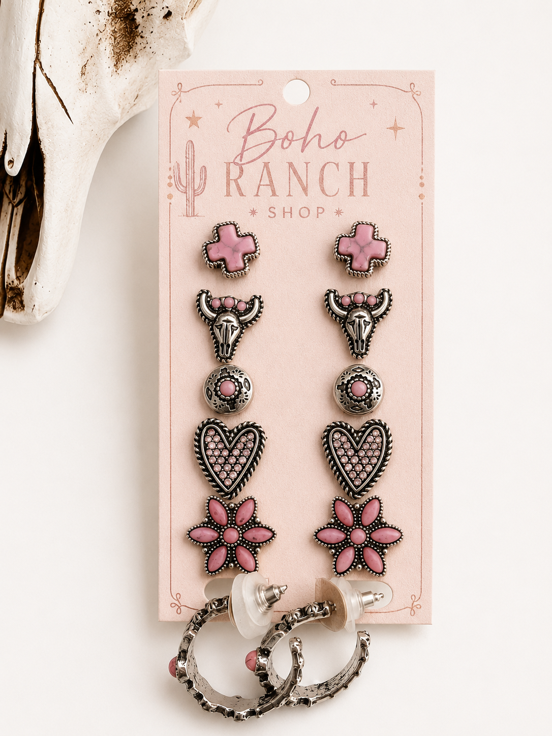 6 Pair Western Navajo Style Rhinestone Stud Stud Earring Set: PINK/ TURQUOISE