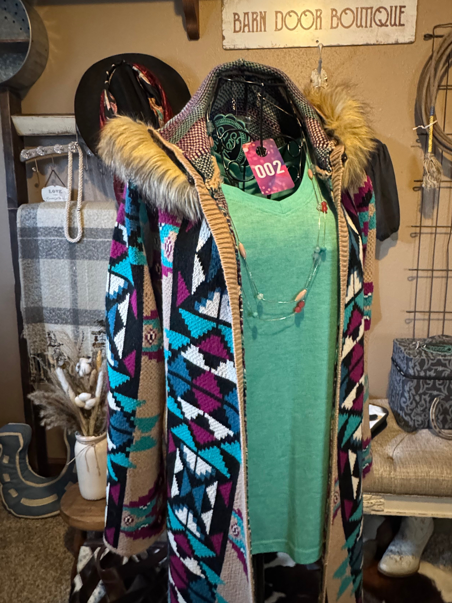 Sterling Kreek Barn Cozy Aztec Hooded Cardigan – Faux Fur Trim (#002)🩵
