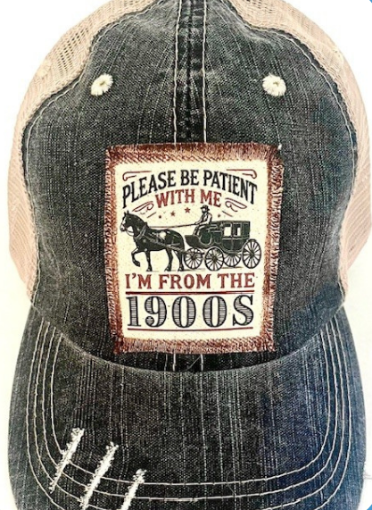 "PLEASE BE PATIENT WITH ME" DISTRESSED TRUCKER HAT #278: NO BLING/ TAN