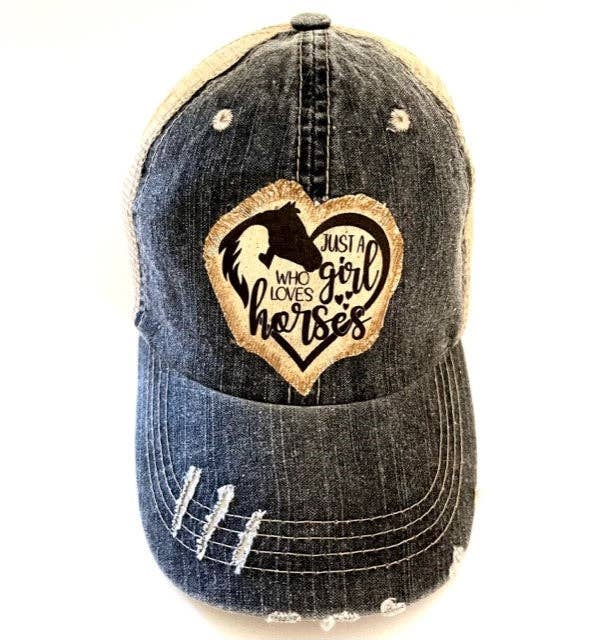 JUST A GIRL WHO LOVES HORSES (HEART) DISTRESSED TRUCKER HAT: NO BLING / BLACK
