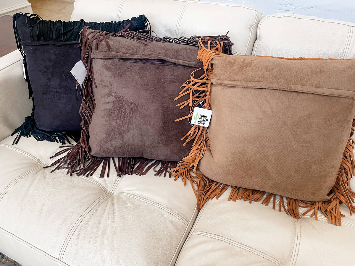 Western Cowhide Star Leather Fringe Pillow Cover: TAN + WHITE COWHIDE