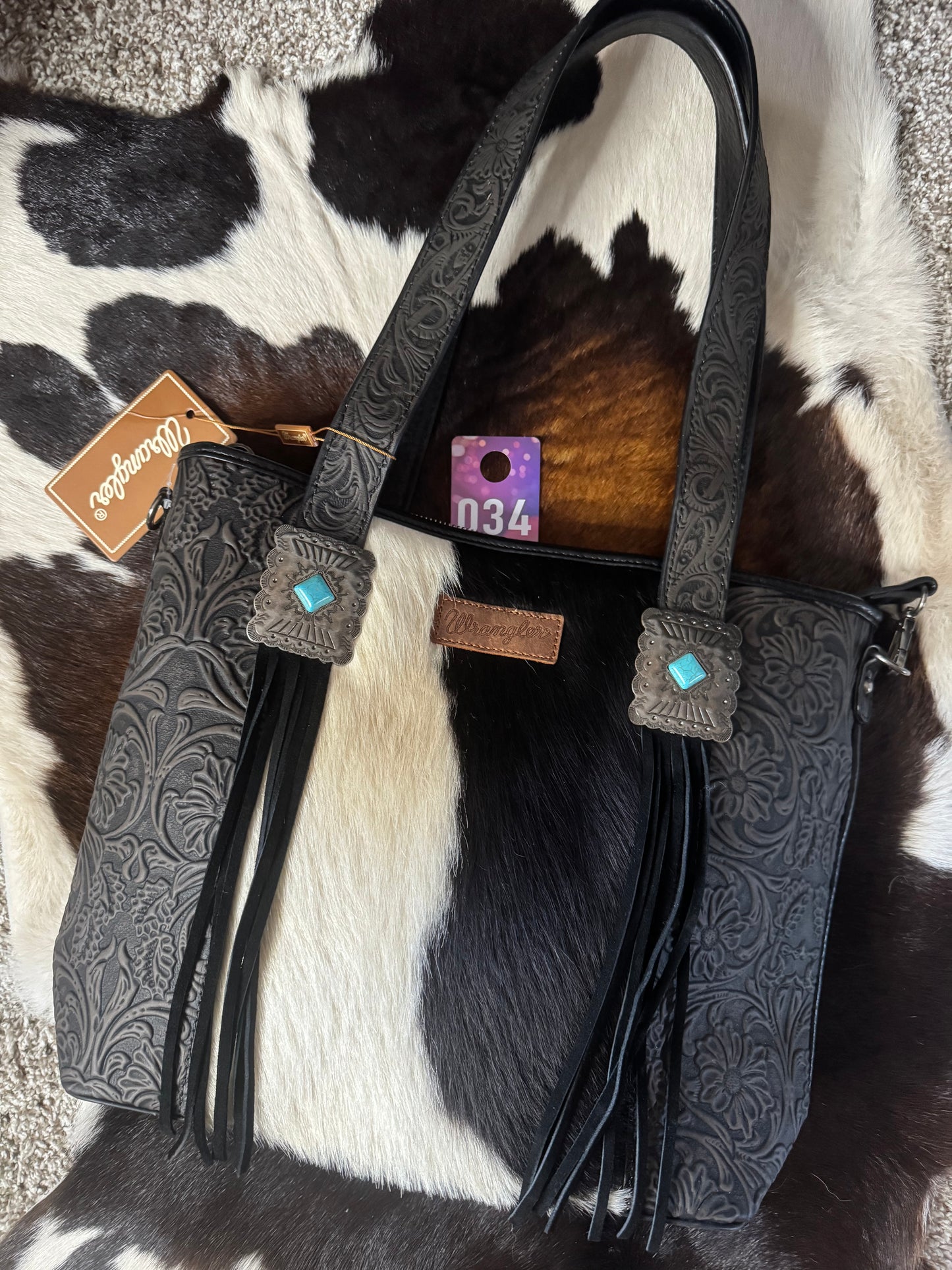 Wrangler Tooled Leather & Cowhide Fringe Tote (#034)