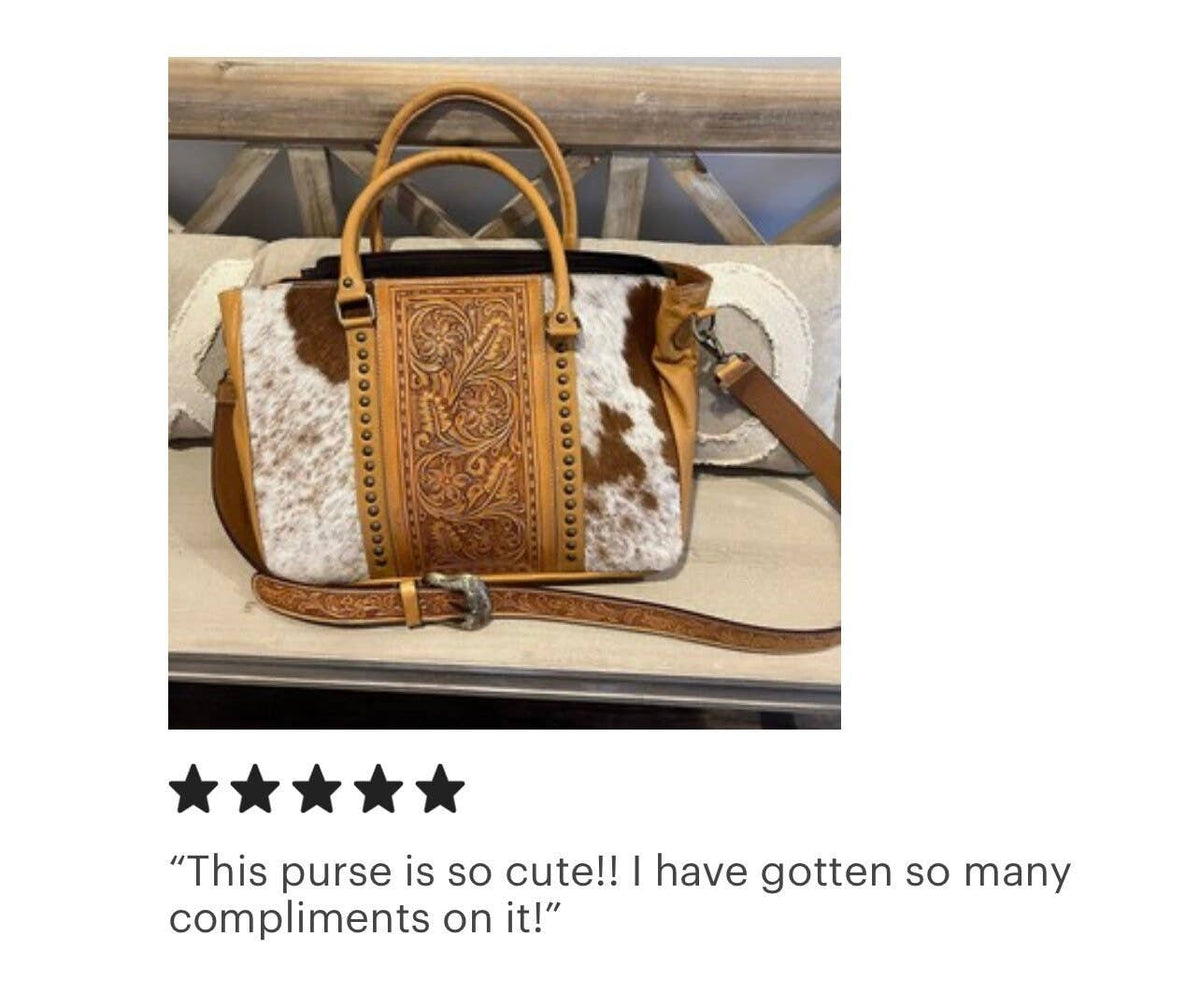 Hand Tooled Leather Cowhide Western Purse Tote Work Bag: BROWN + WHITE COWHIDE