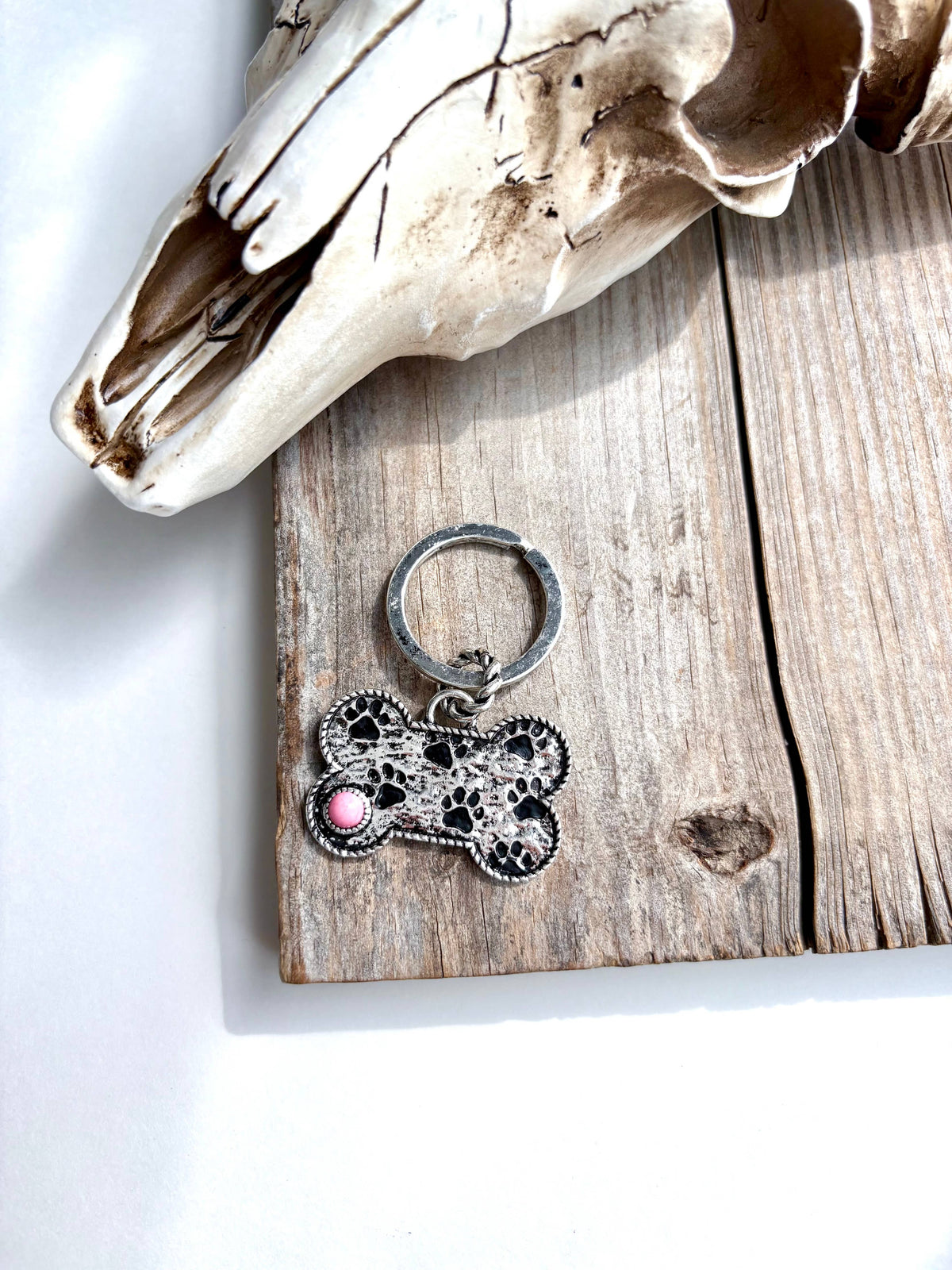 Paw Printed Dog Bone Metal Pendant Keychain : White