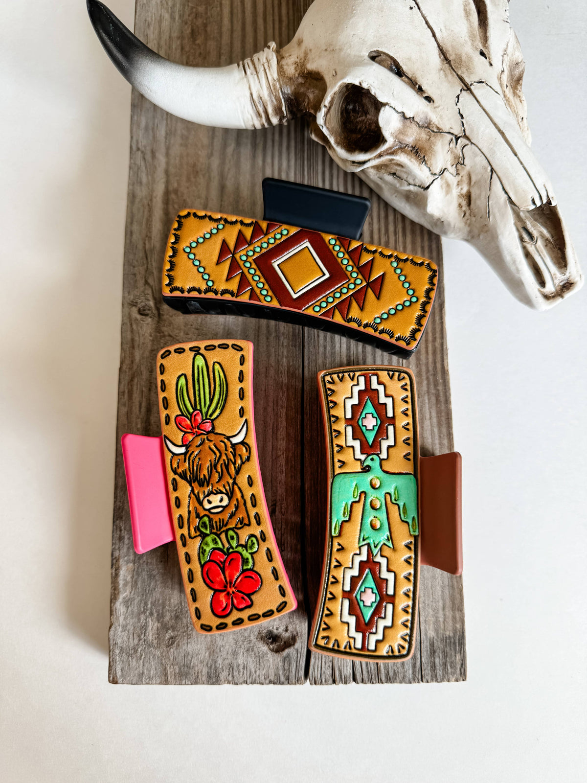 Large Western Faux Embossed Leather Hair Clip Claw: PINK YEEHAW
