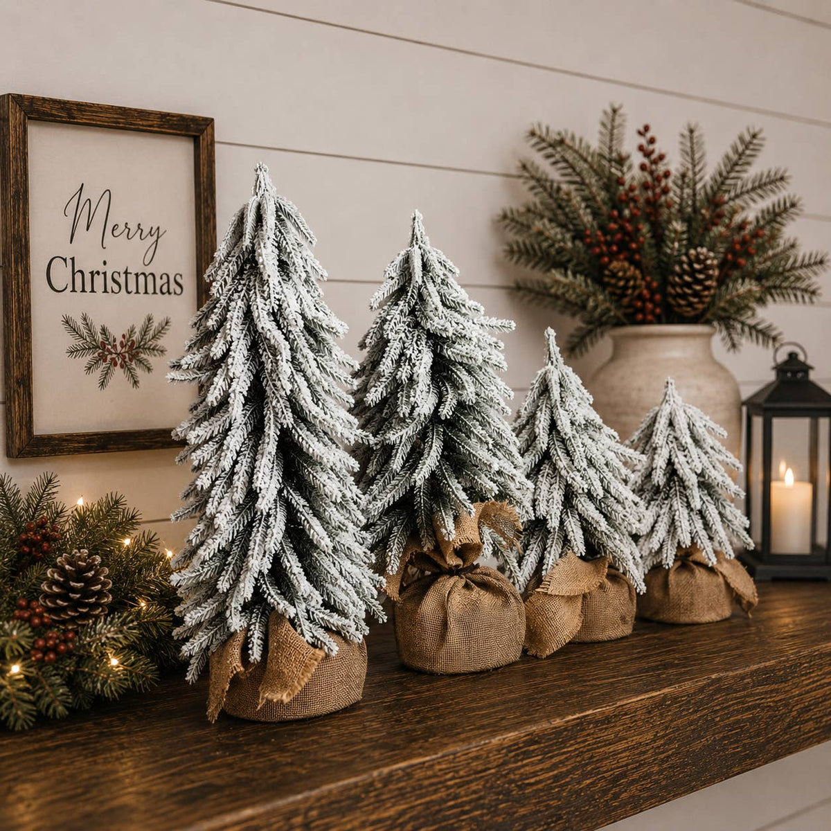 Christmas Trees with Snow, Holiday Mantle & Shelf Home Decor: 8"