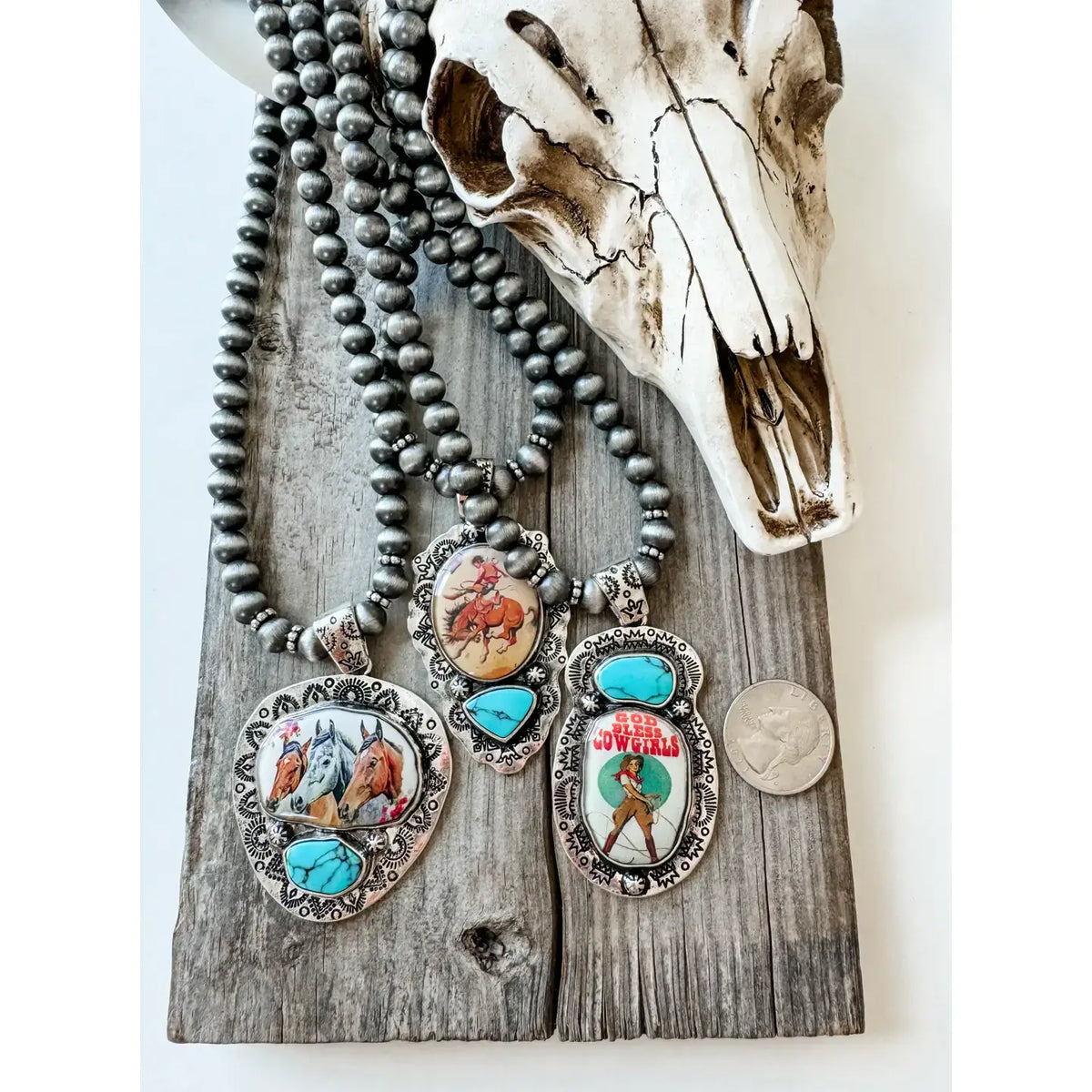 Western Print Pendant Necklace - Navajo Style Pearl: GOD BLESS COWGIRLS