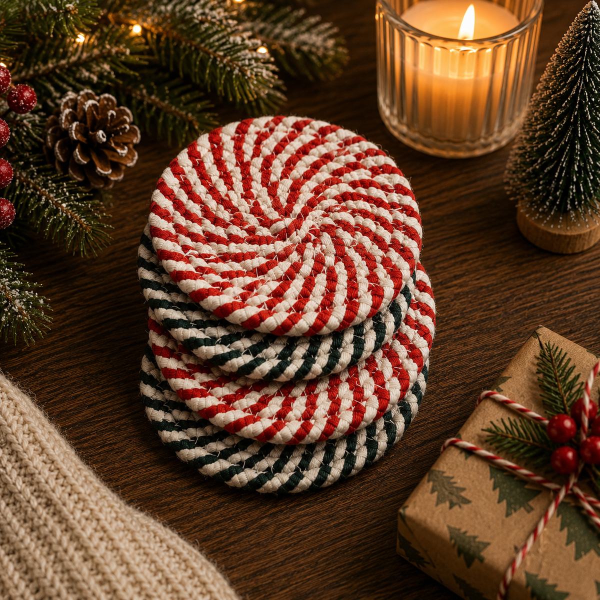 Holiday Fabric Coasters, Red White Christmas Coaster Set: Red-4pk