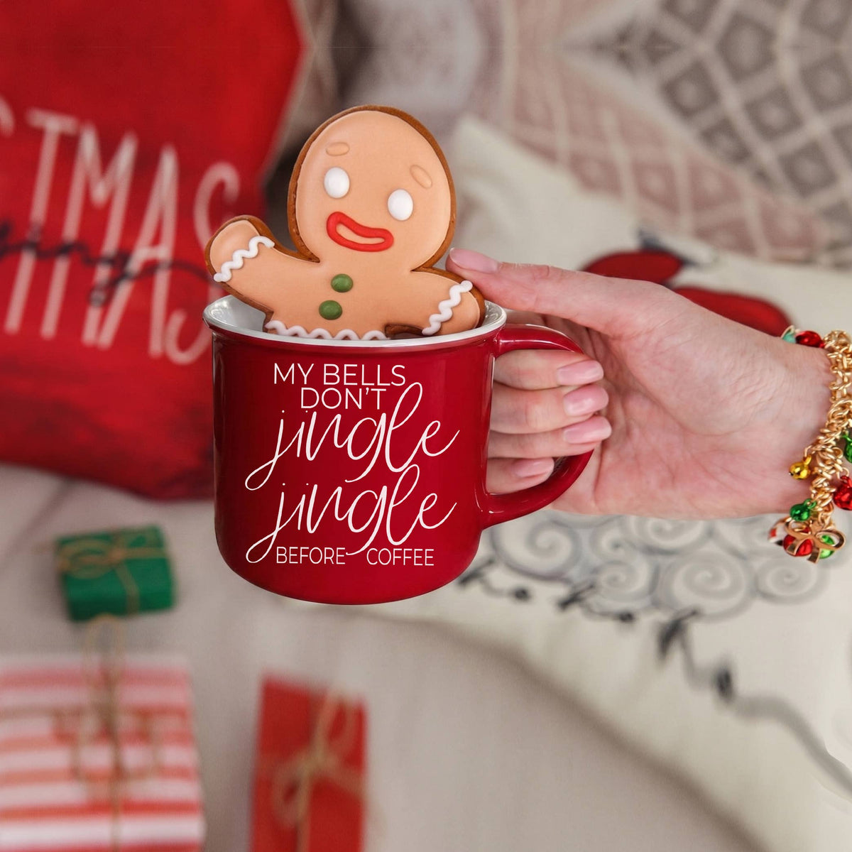 Christmas Mugs Funny, Red & Green Holiday Coffee Cup Ceramic: Jingle Jingle (Red)