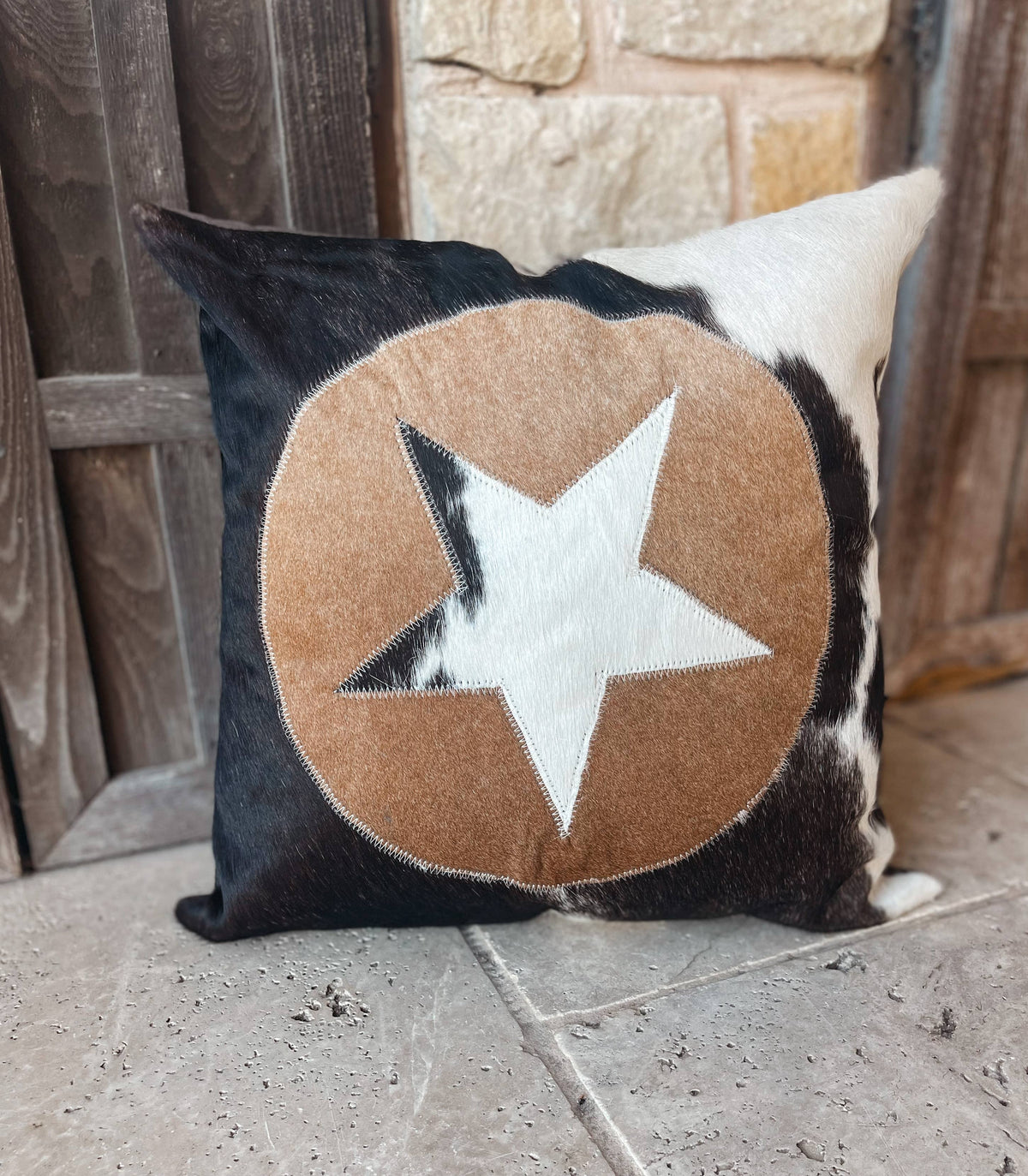 Western Star Cowhide Pillow Cover: BROWN + WHITE COWHIDE