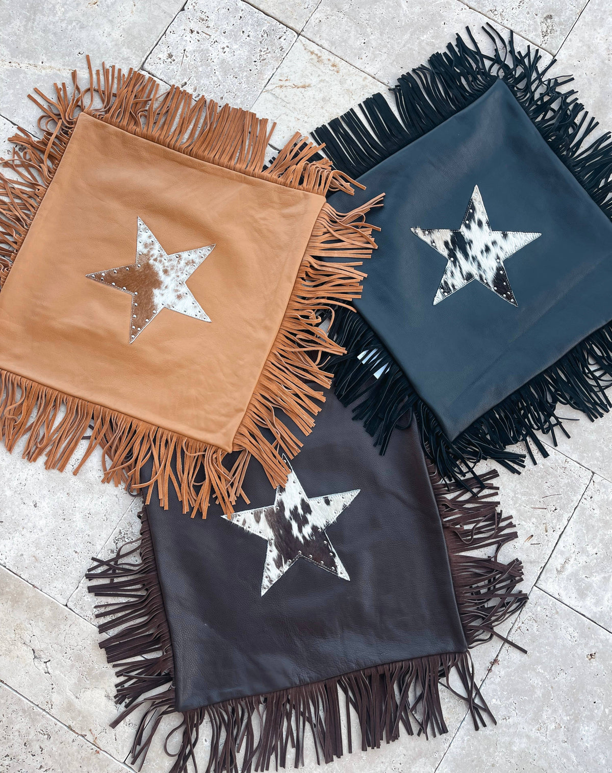 Western Cowhide Star Leather Fringe Pillow Cover: TAN + WHITE COWHIDE