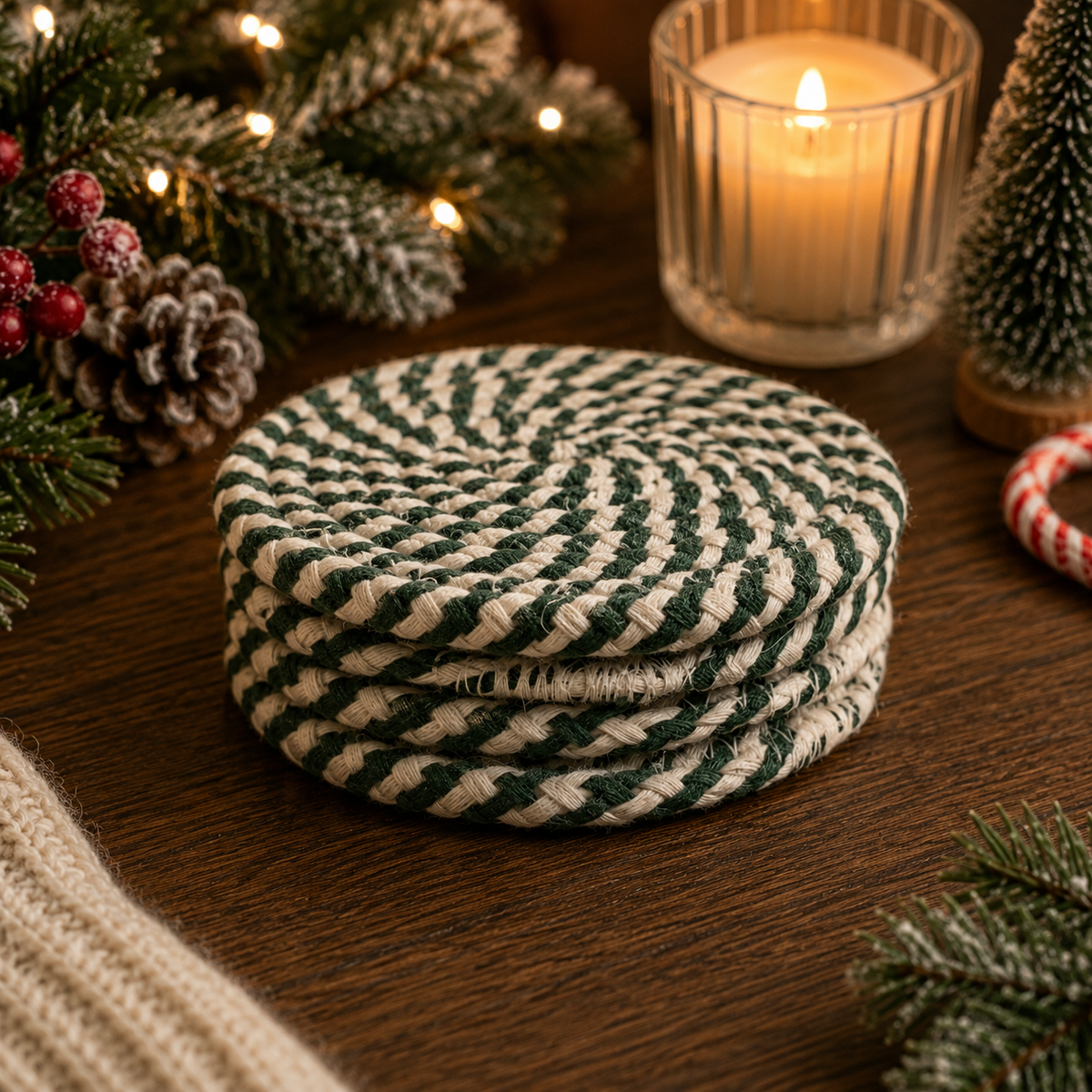 Holiday Fabric Coasters, Red White Christmas Coaster Set: Red-4pk