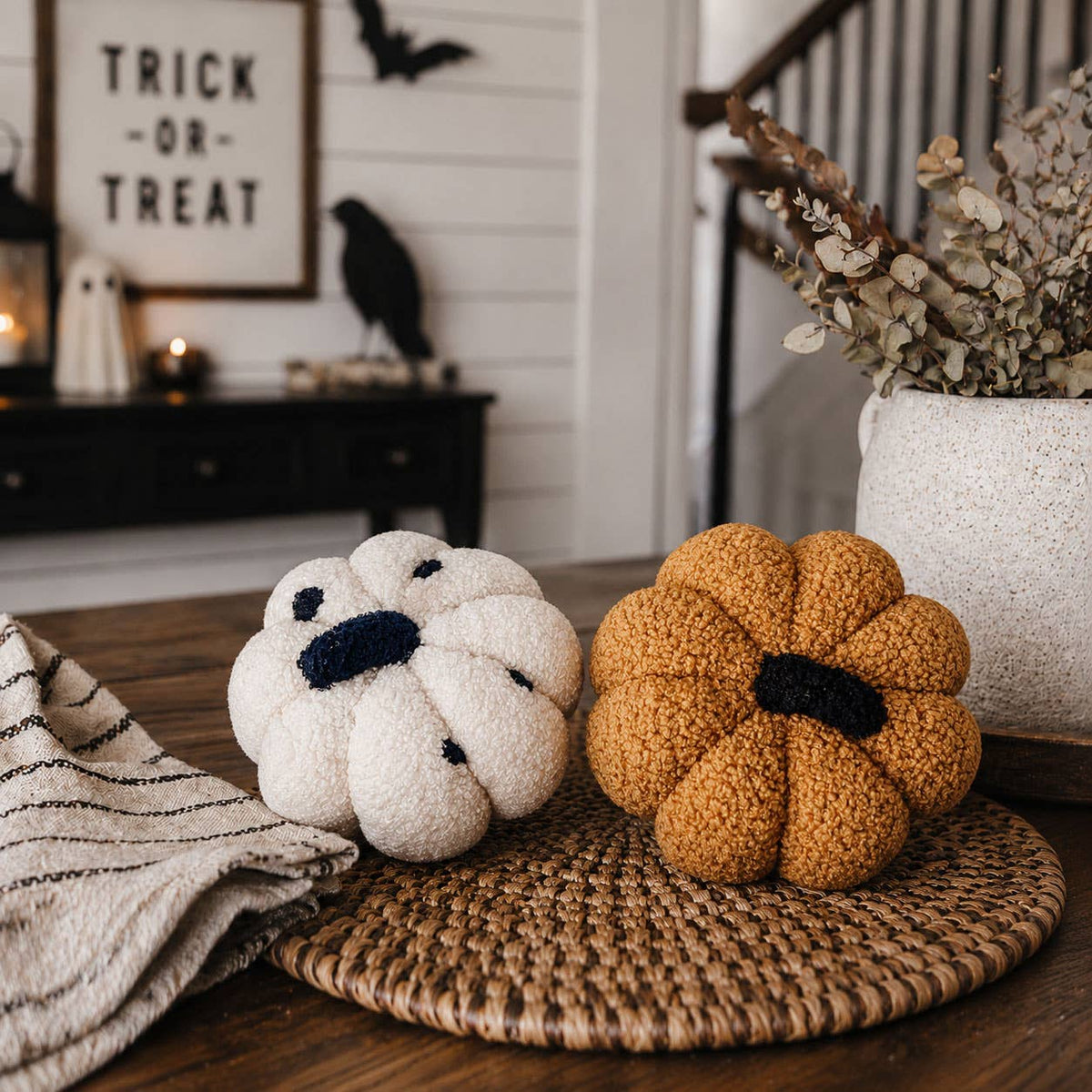 Neutral Fall + Halloween Home Decor, Cute Cotton Pumpkins BW: BW Polk a Dot / Small
