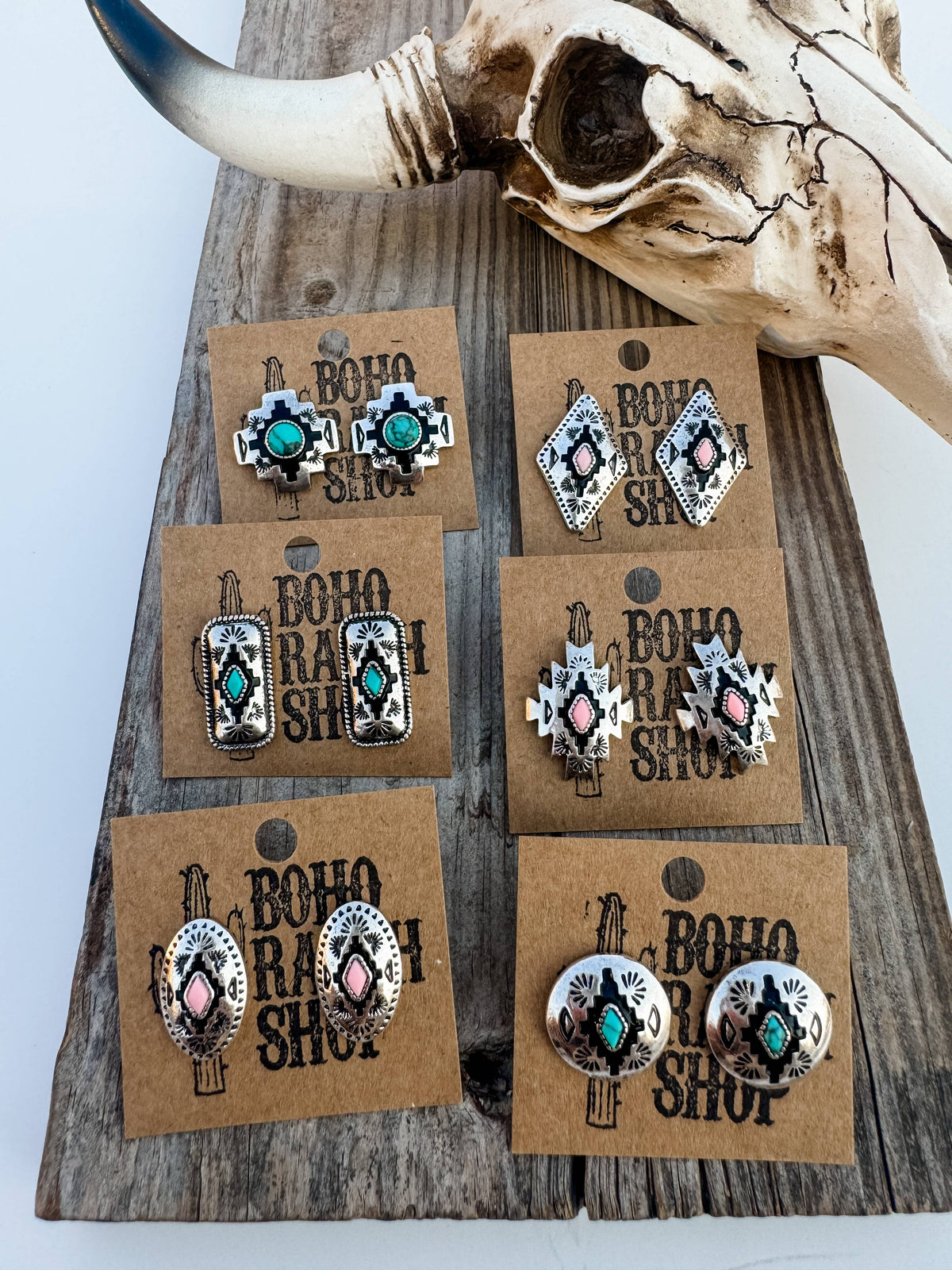 Western Hand Stone Aztec Post Earrings - turquoise pink: STYLE 5 - AZTEC TURQUOISE