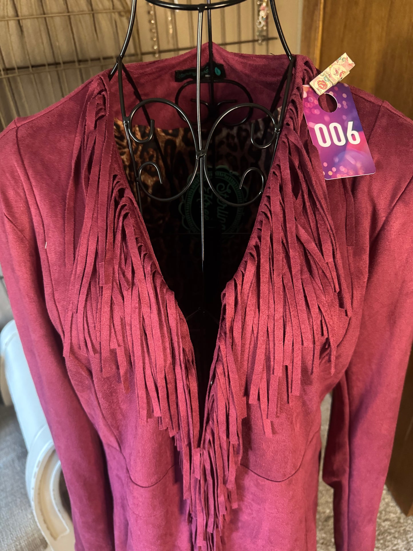 Sterling Kreek Rustic Burgundy Fringe Jacket – Western Style with Leopard Lining (#006)
