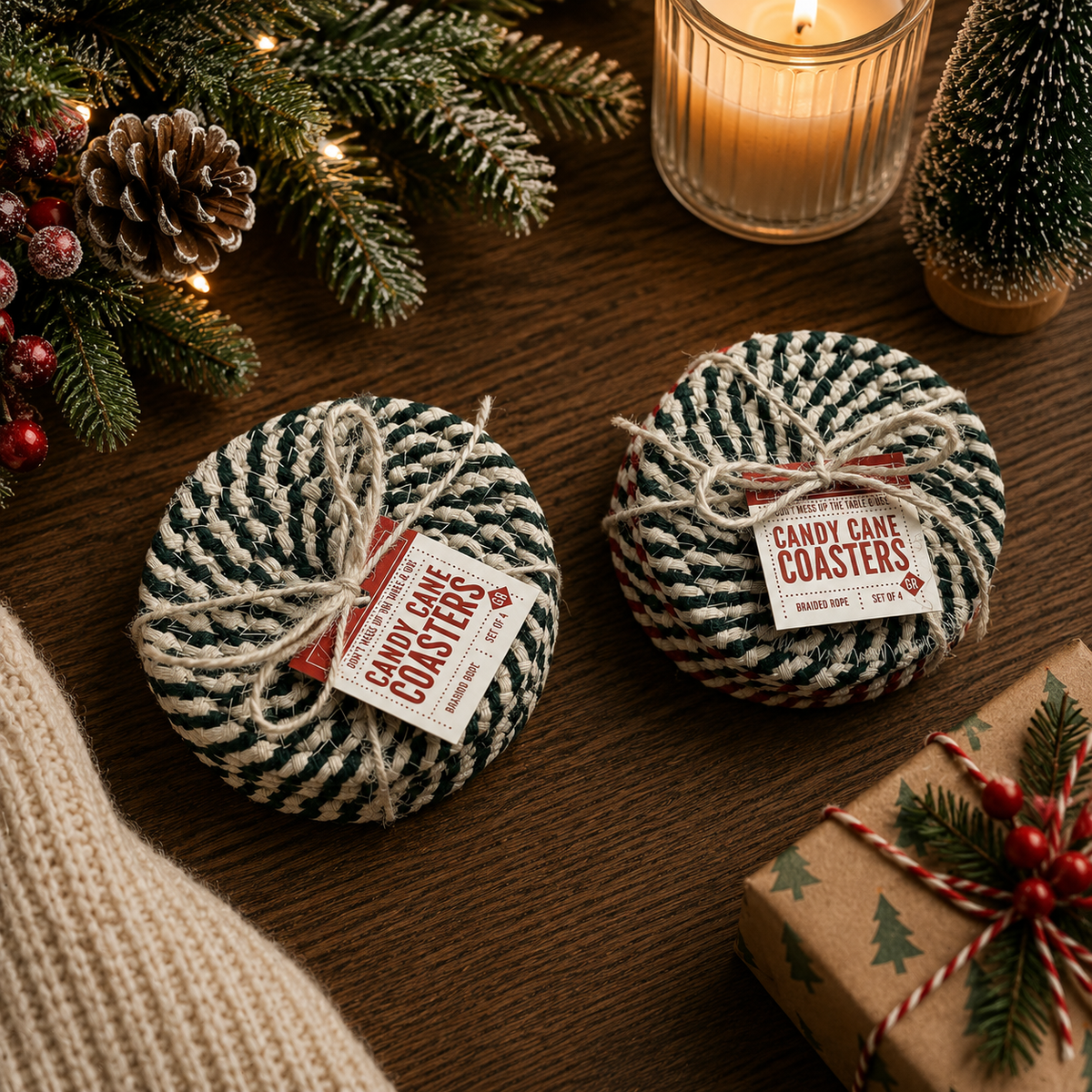 Holiday Fabric Coasters, Red White Christmas Coaster Set: Red-4pk