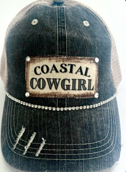 #266 "COASTAL COWGIRL" DISTRESSED TRUCKER HAT: BLING/  BLACK KHAKI