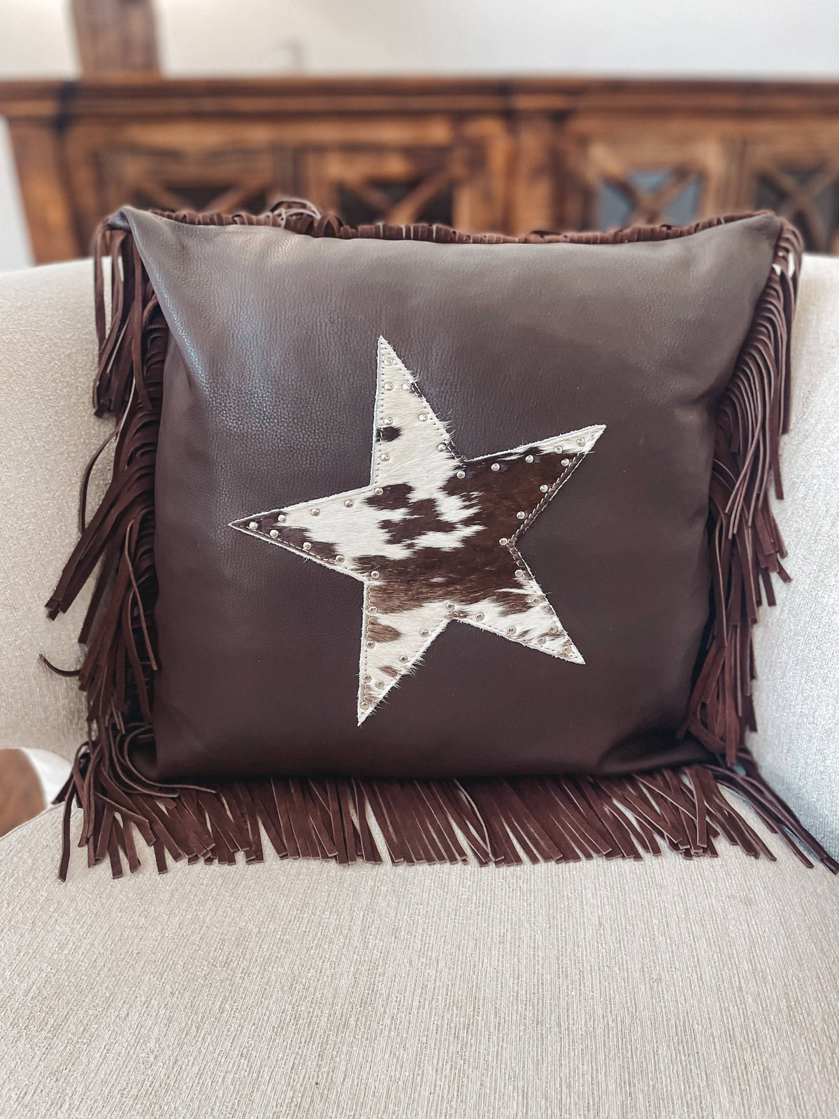 Western Cowhide Star Leather Fringe Pillow Cover: BROWN + WHITE COWHIDE
