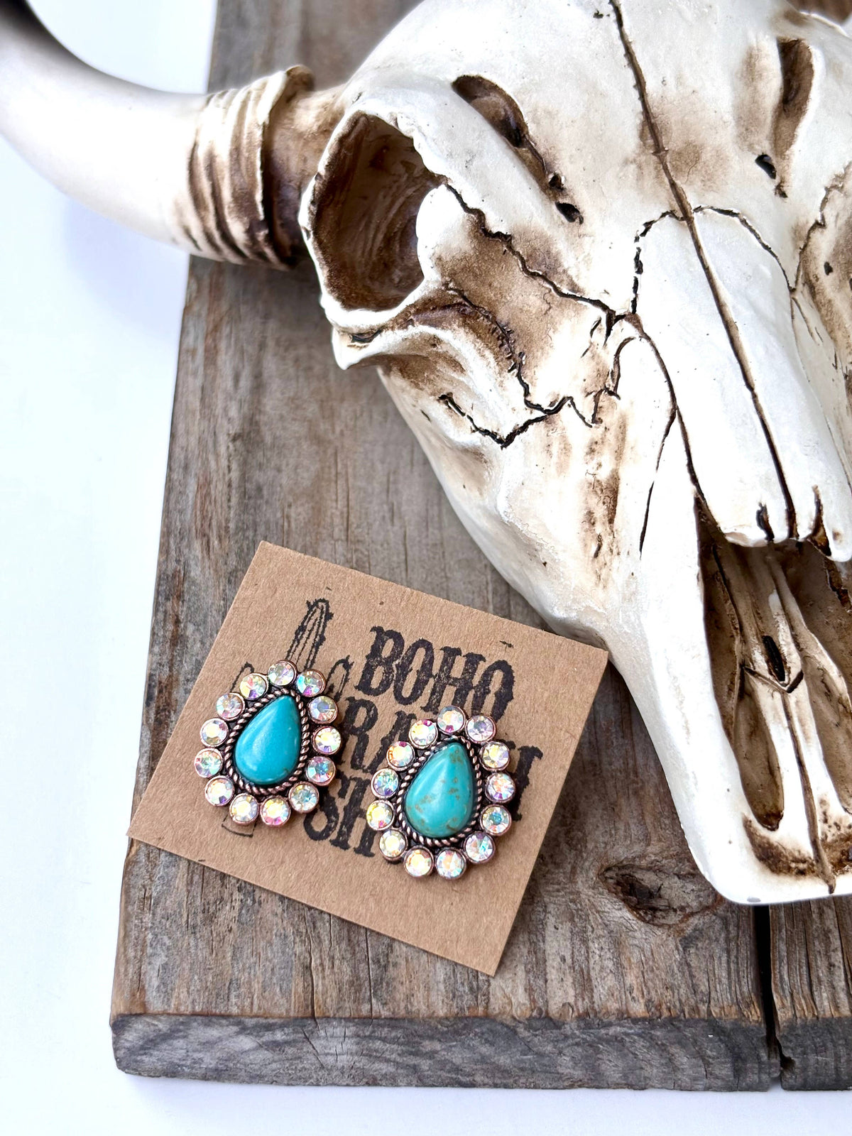Western  Stone Teardrop Stud Earrings - Turquoise | Clear: CLEAR AB STONE