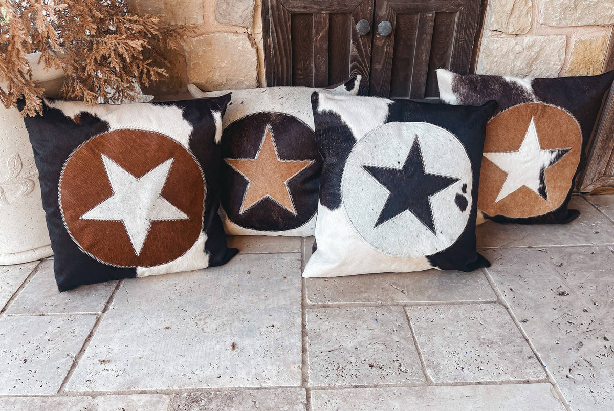 Western Star Cowhide Pillow Cover: BROWN + WHITE COWHIDE
