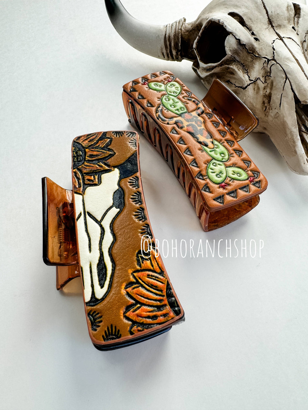 Large Western Faux Embossed Leather Hair Clip Claw: COW SKULL