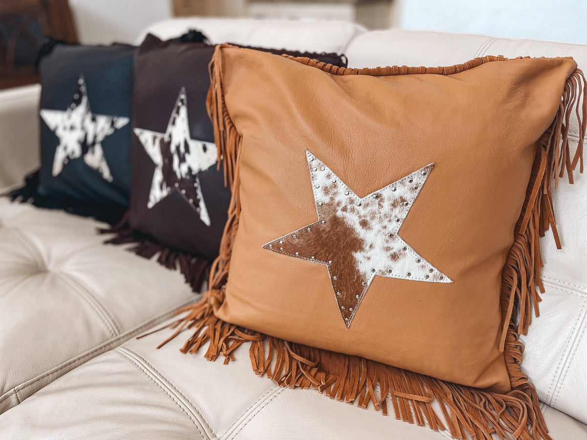 Western Cowhide Star Leather Fringe Pillow Cover: TAN + WHITE COWHIDE