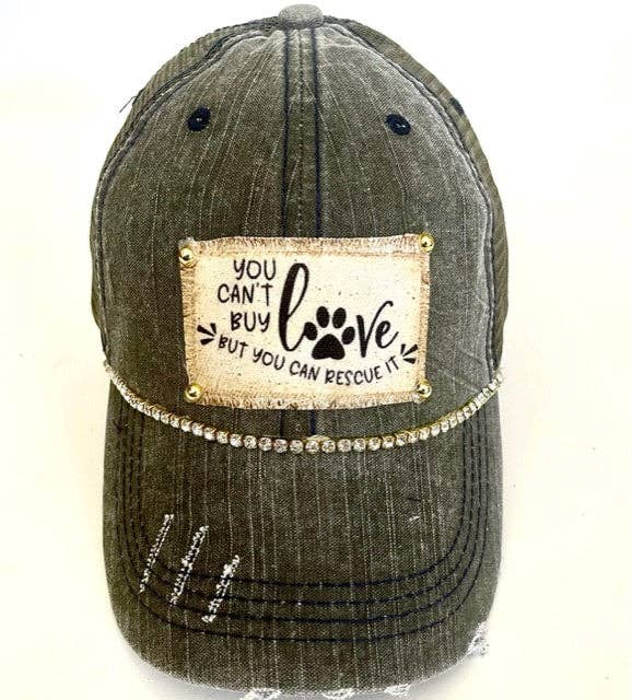 "YOU CAN'T BUY LOVE" DISTRESSED TRUCKER HAT (#433): NO BLING / OLIVE