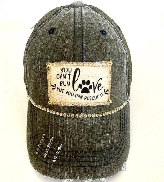 "YOU CAN'T BUY LOVE" DISTRESSED TRUCKER HAT (#433): NO BLING / OLIVE