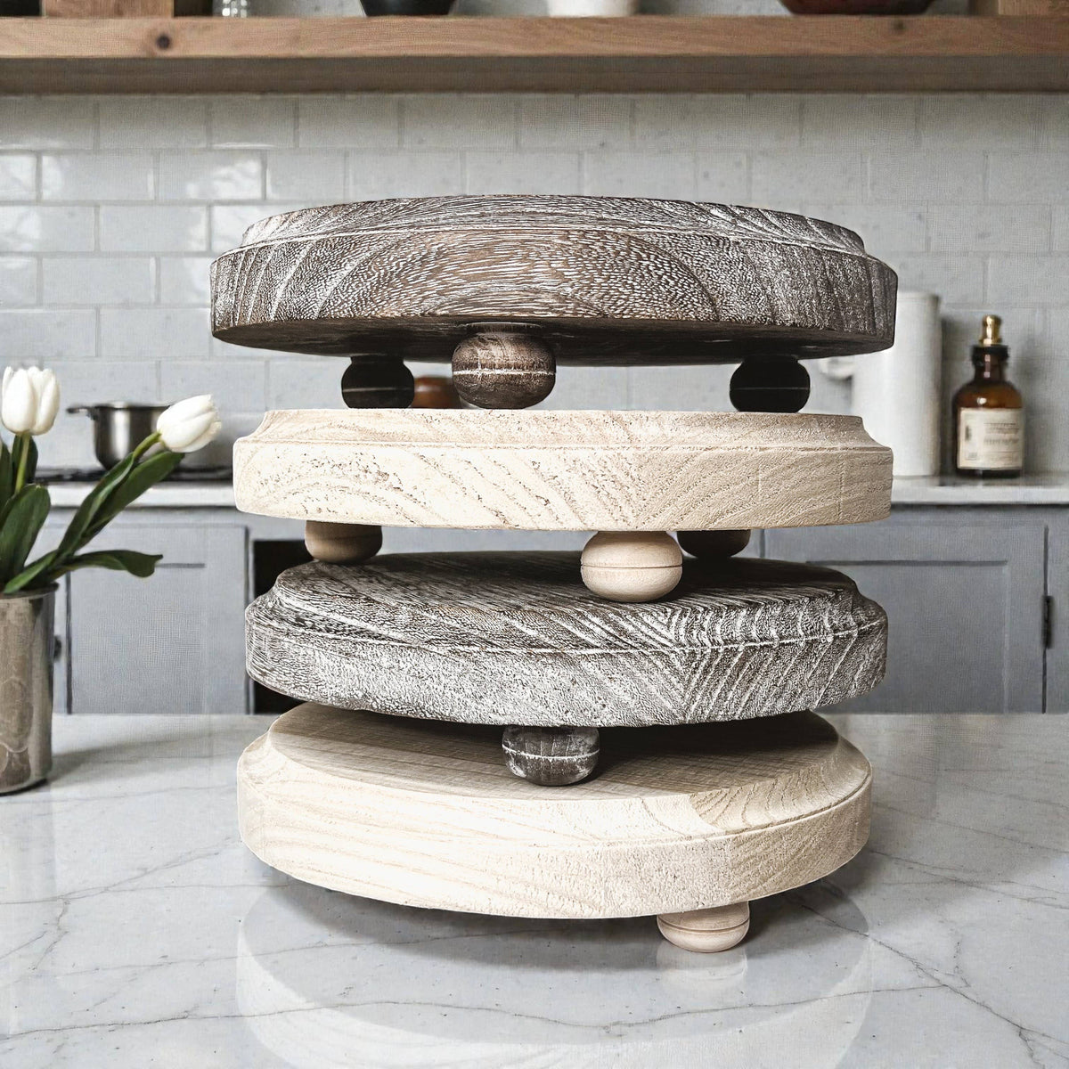 Raised Handmade Wooden Pedestal Stands, Wood Trinket Trays: Rustic Distressed Oval
