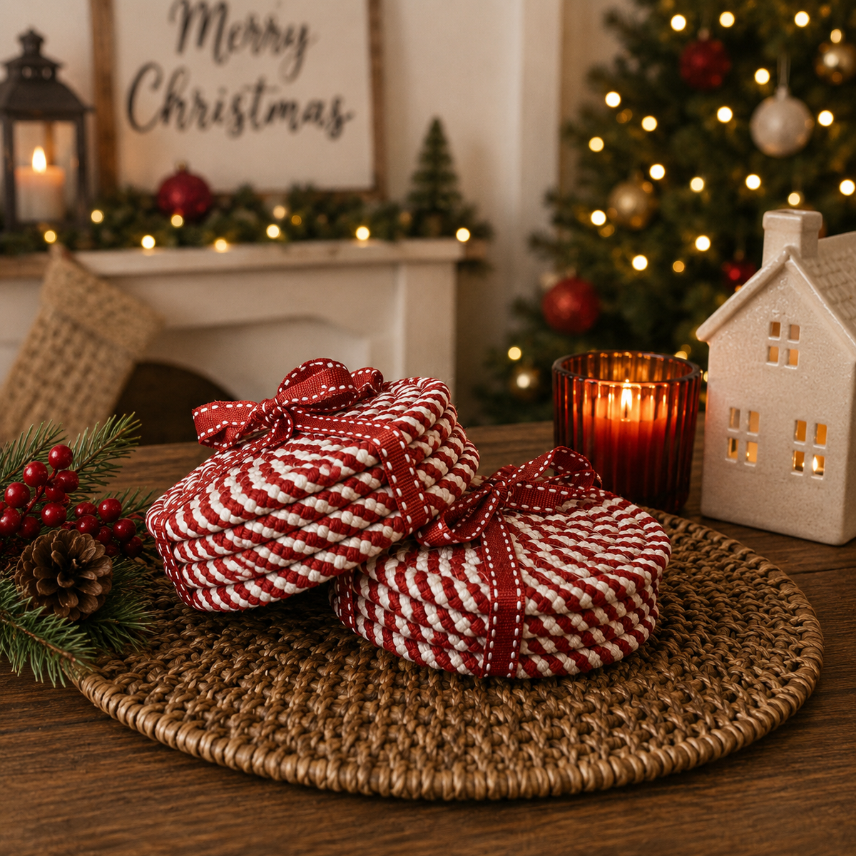 Holiday Fabric Coasters, Red White Christmas Coaster Set: Red-4pk