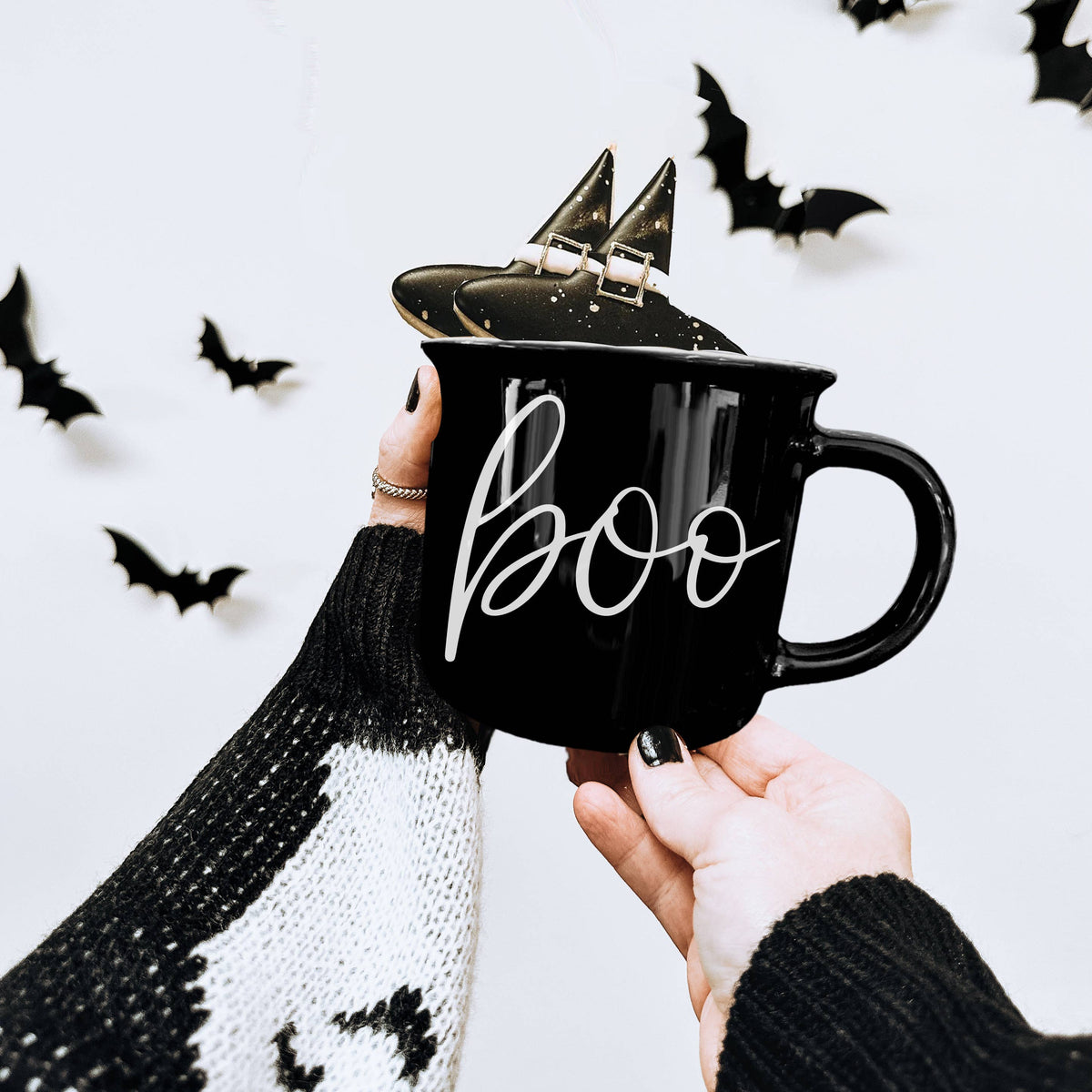 Farmhouse Fall & Halloween Coffee Mugs, Modern Ceramic Cups: Boo (Black)