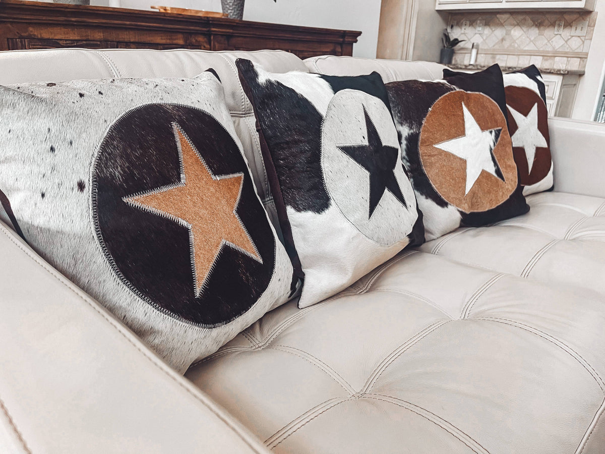 Western Star Cowhide Pillow Cover: BROWN + WHITE COWHIDE