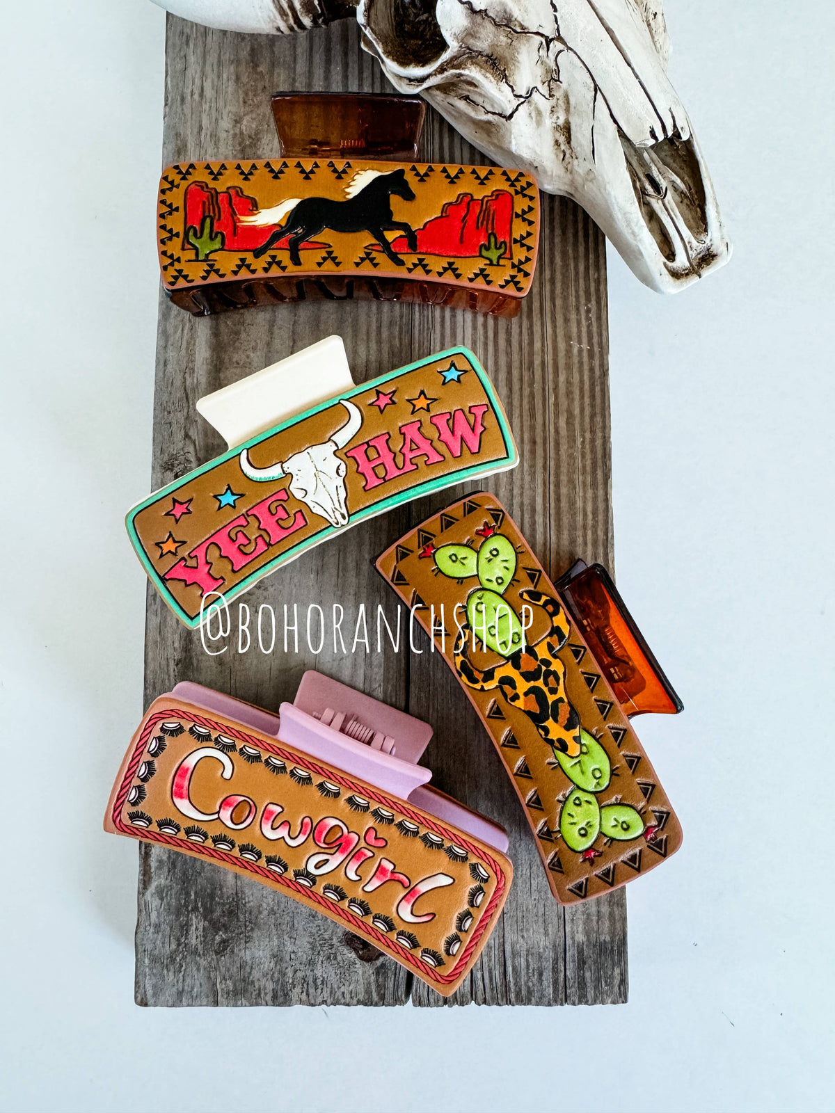 Large Western Faux Embossed Leather Hair Clip Claw: PINK YEEHAW