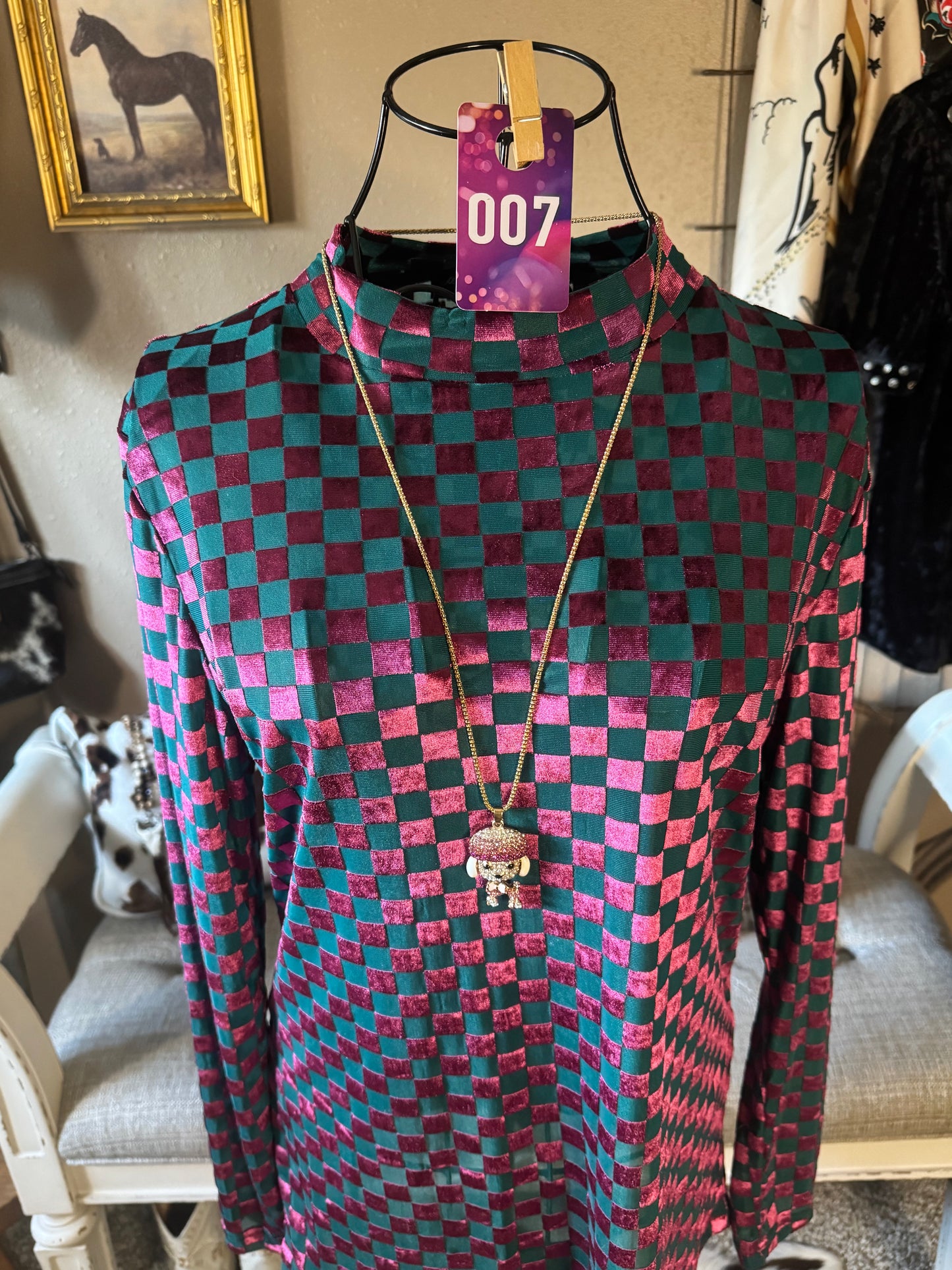 Sterling Kreek Bold Checkered Mock Neck Top – Emerald & Berry Shimmer (#007)