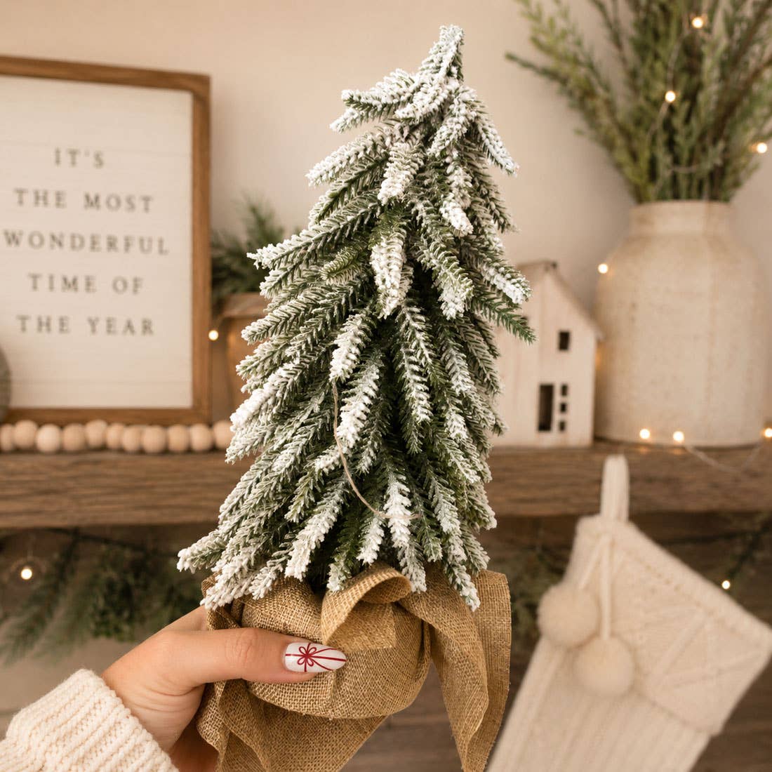 Christmas Trees with Snow, Holiday Mantle & Shelf Home Decor: 8"