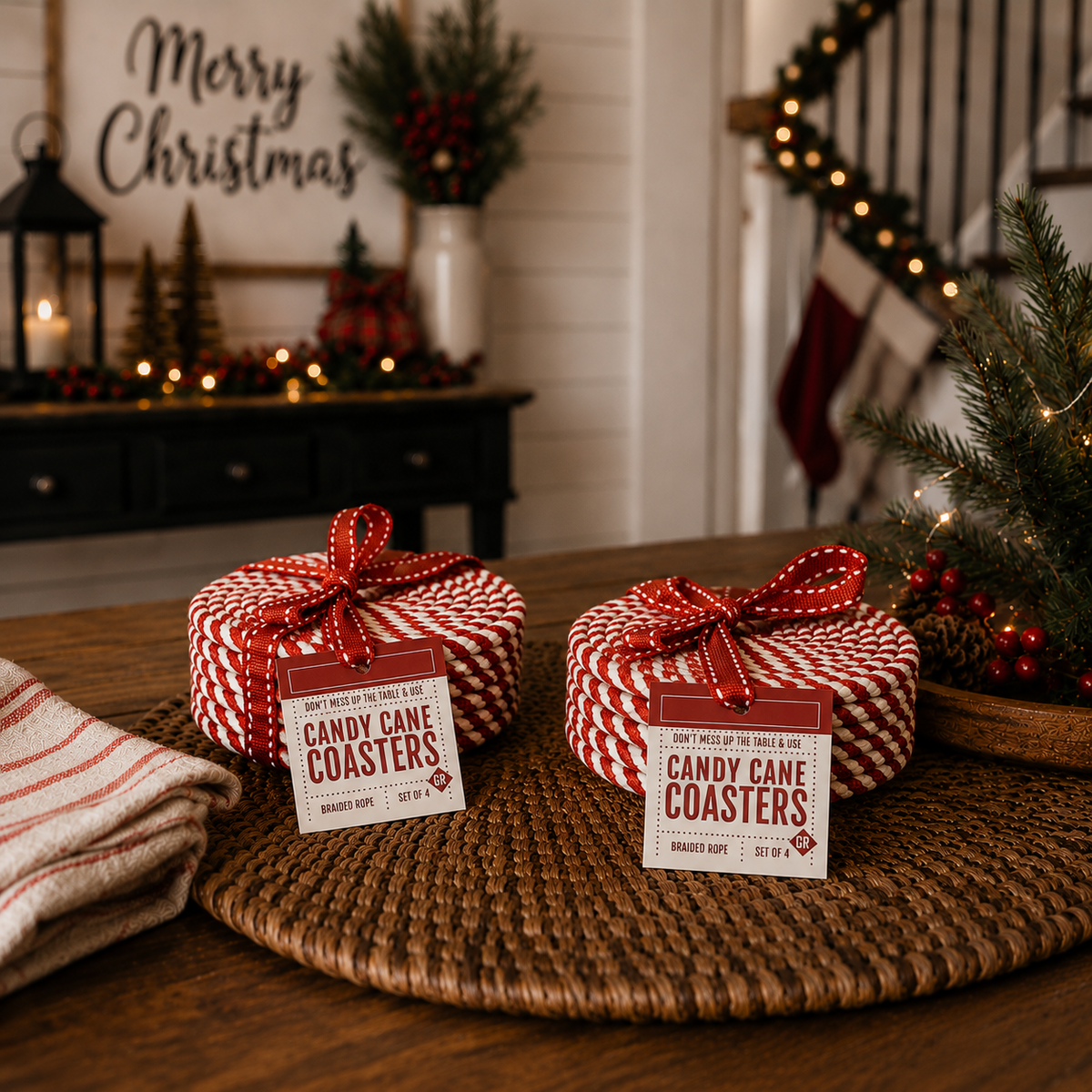 Holiday Fabric Coasters, Red White Christmas Coaster Set: Red-4pk
