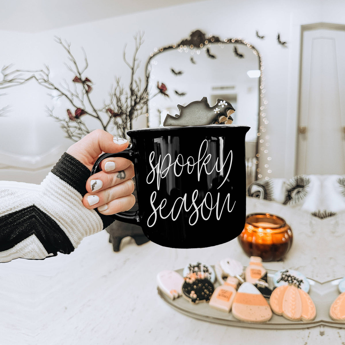 Farmhouse Fall & Halloween Coffee Mugs, Modern Ceramic Cups: Boo (Black)
