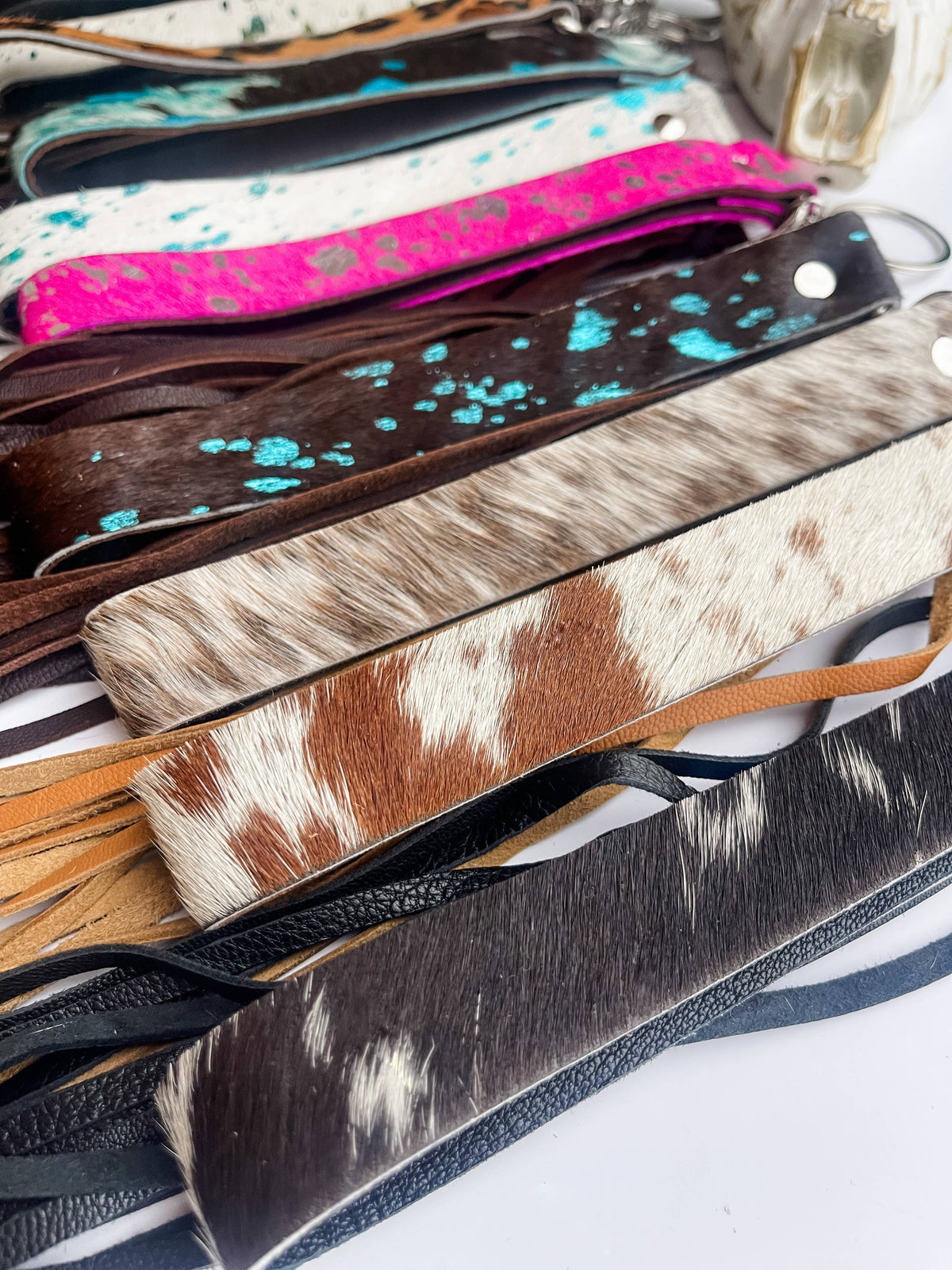 Cowhide Leather Fringe Tassel Keychain: BLACK + WHITE