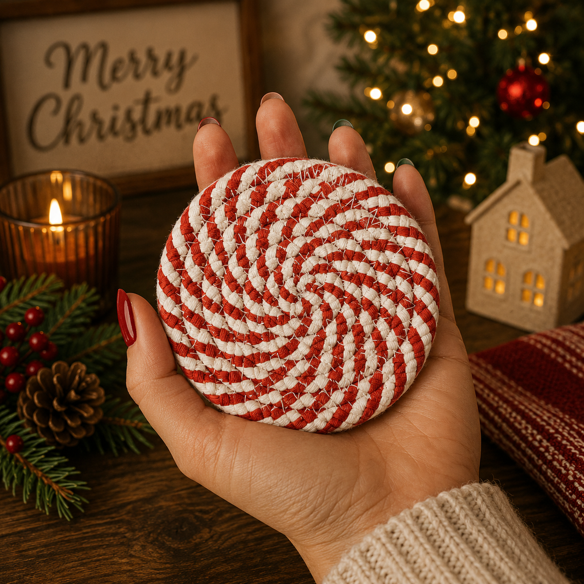 Holiday Fabric Coasters, Red White Christmas Coaster Set: Red-4pk