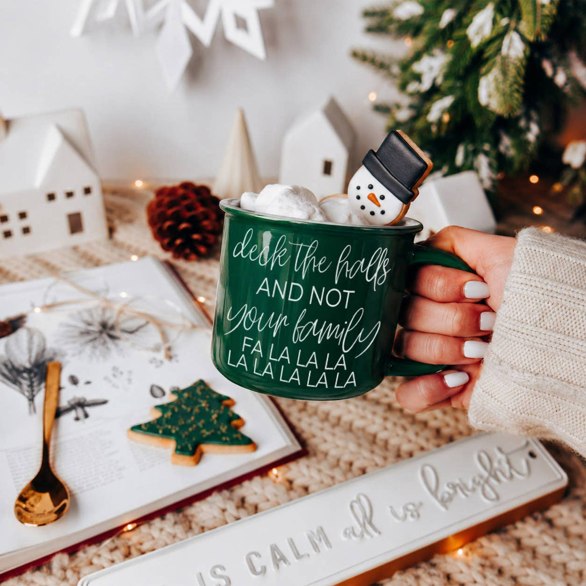 Christmas Mugs Funny, Red & Green Holiday Coffee Cup Ceramic: Deck the Halls (Green)