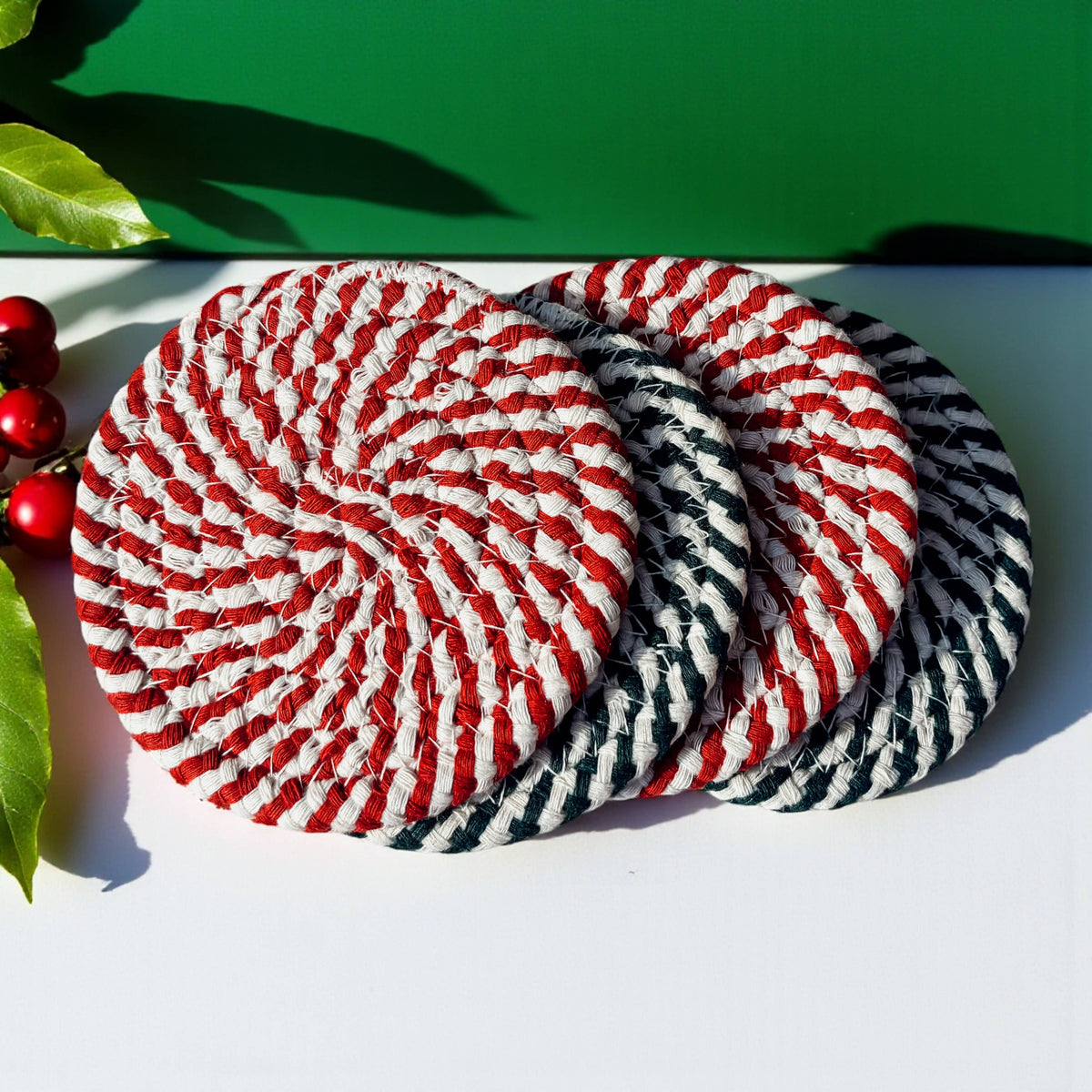 Holiday Fabric Coasters, Red White Christmas Coaster Set: Red-4pk