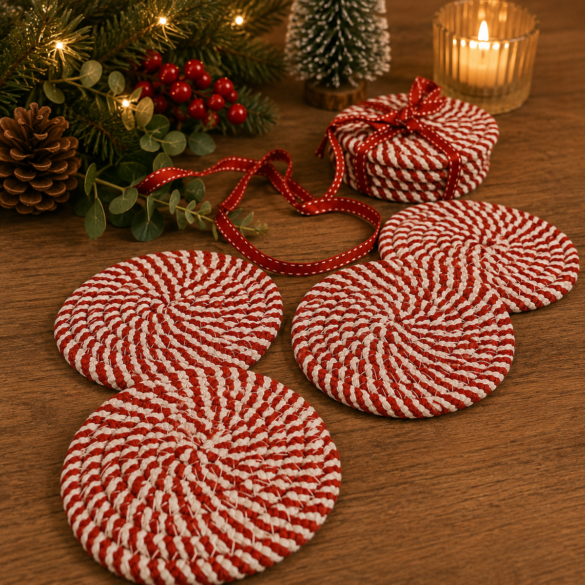 Holiday Fabric Coasters, Red White Christmas Coaster Set: Red-4pk