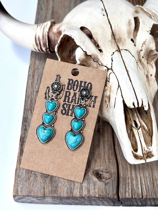 Western Style 3 Heart Stone Triple Post Drop Earrings: Turquoise