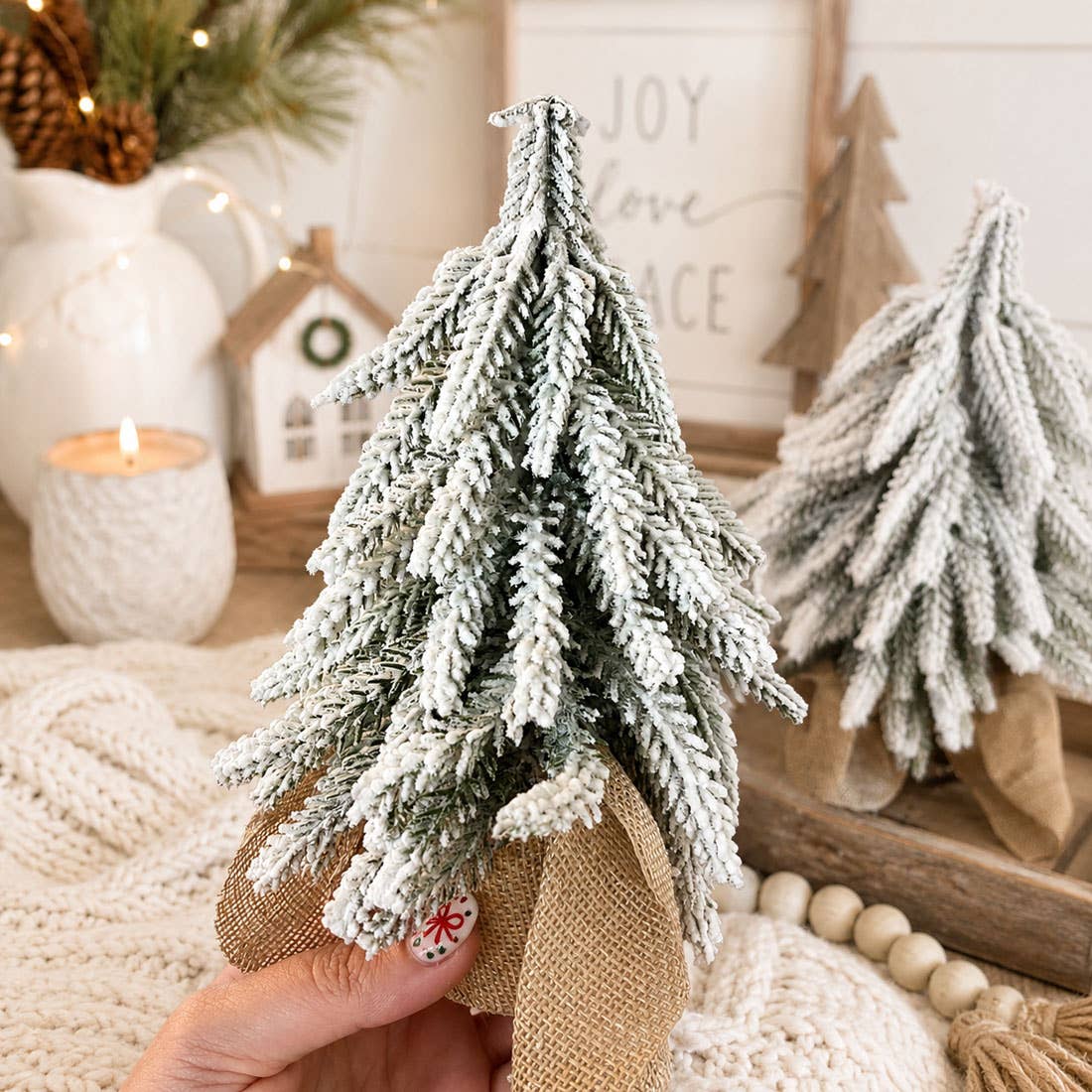 Christmas Trees with Snow, Holiday Mantle & Shelf Home Decor: 8"