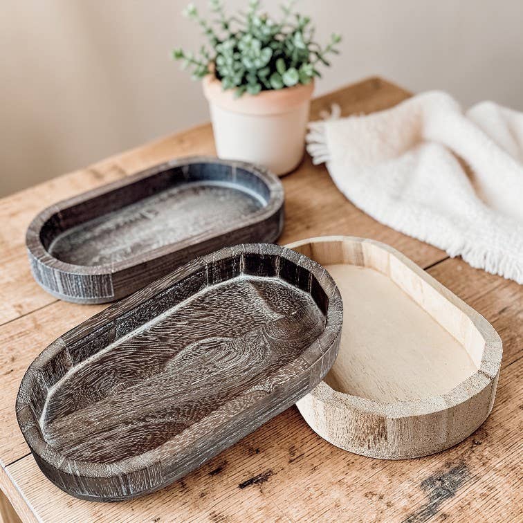 Raised Handmade Wooden Pedestal Stands, Wood Trinket Trays: Rustic Distressed Oval