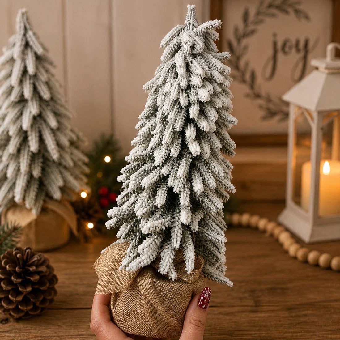 Christmas Trees with Snow, Holiday Mantle & Shelf Home Decor: 8"