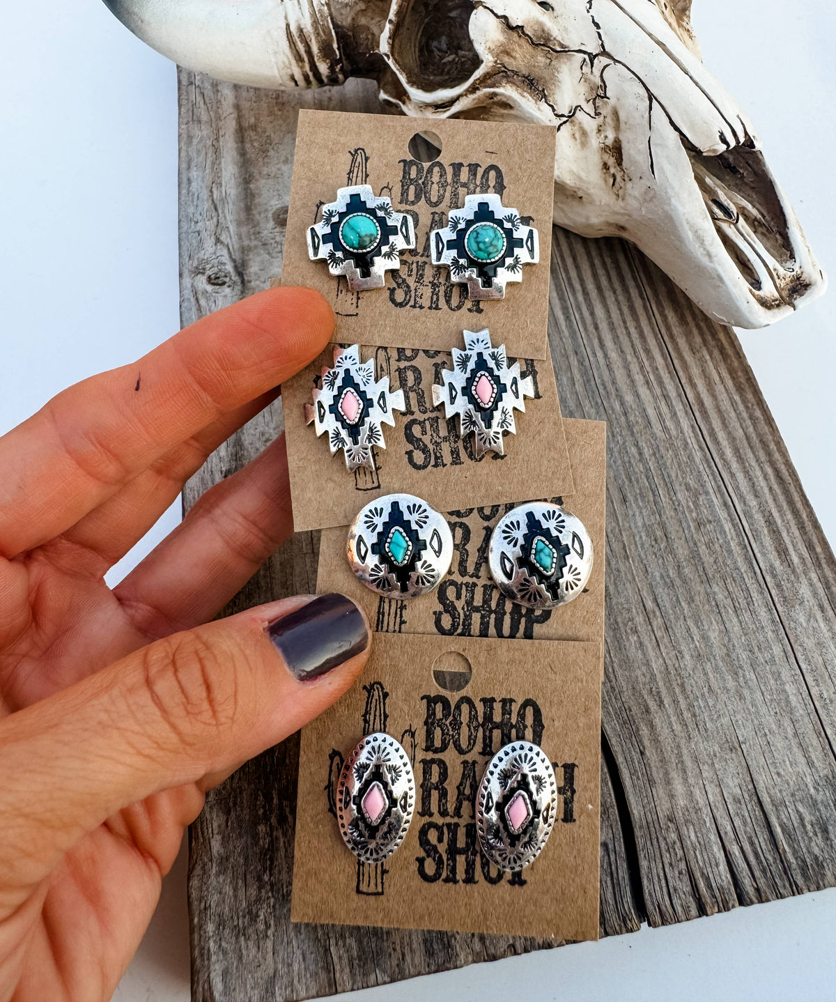 Western Hand Stone Aztec Post Earrings - turquoise pink: STYLE 5 - AZTEC TURQUOISE