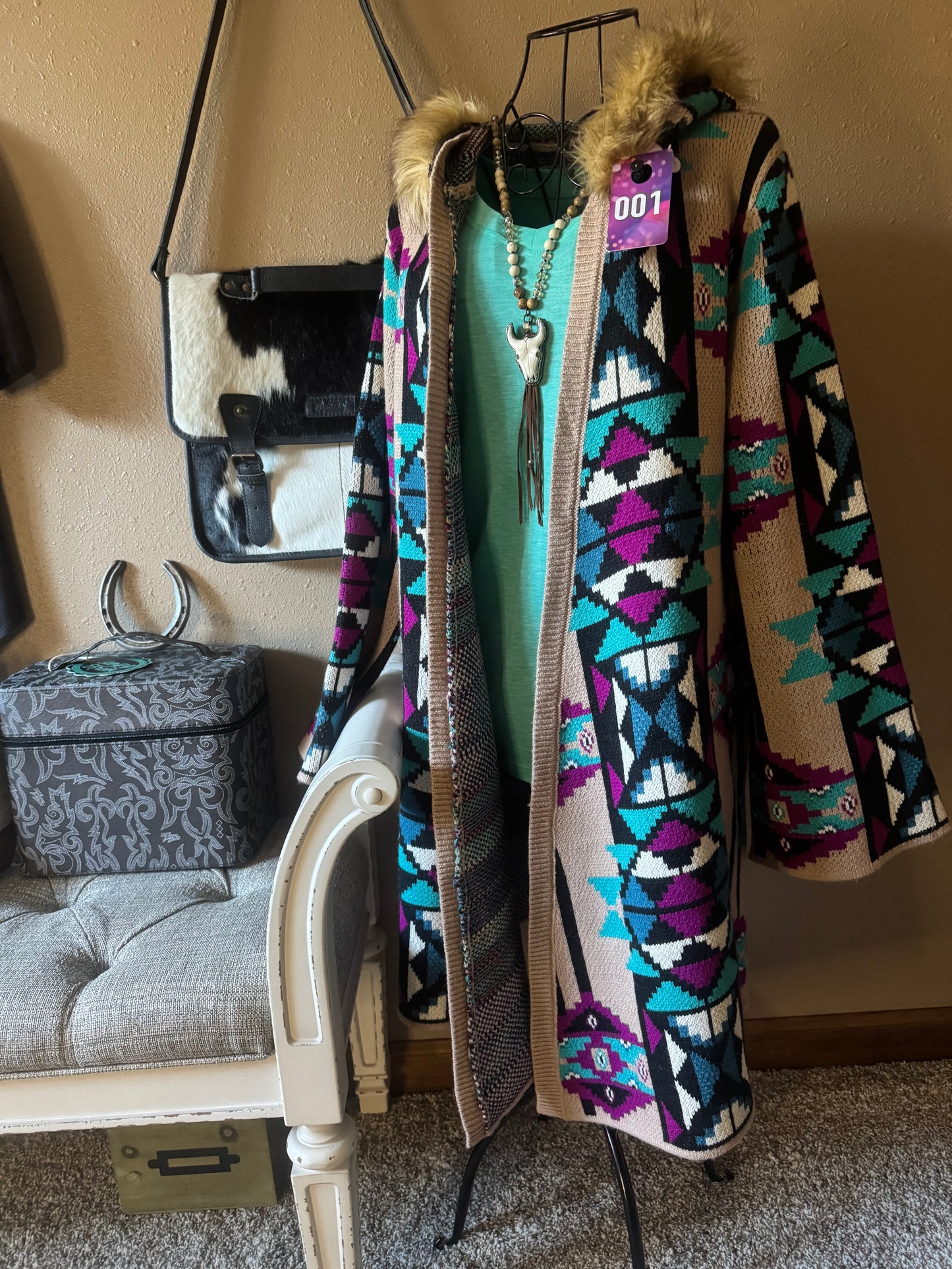 Sterling Kreek Barn Cozy Aztec Hooded Cardigan – Faux Fur Trim (#002)🩵