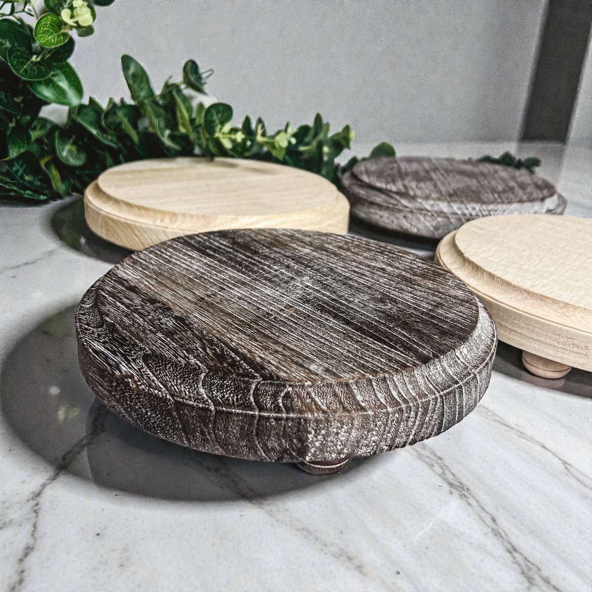 Raised Handmade Wooden Pedestal Stands, Wood Trinket Trays: Rustic Distressed Oval